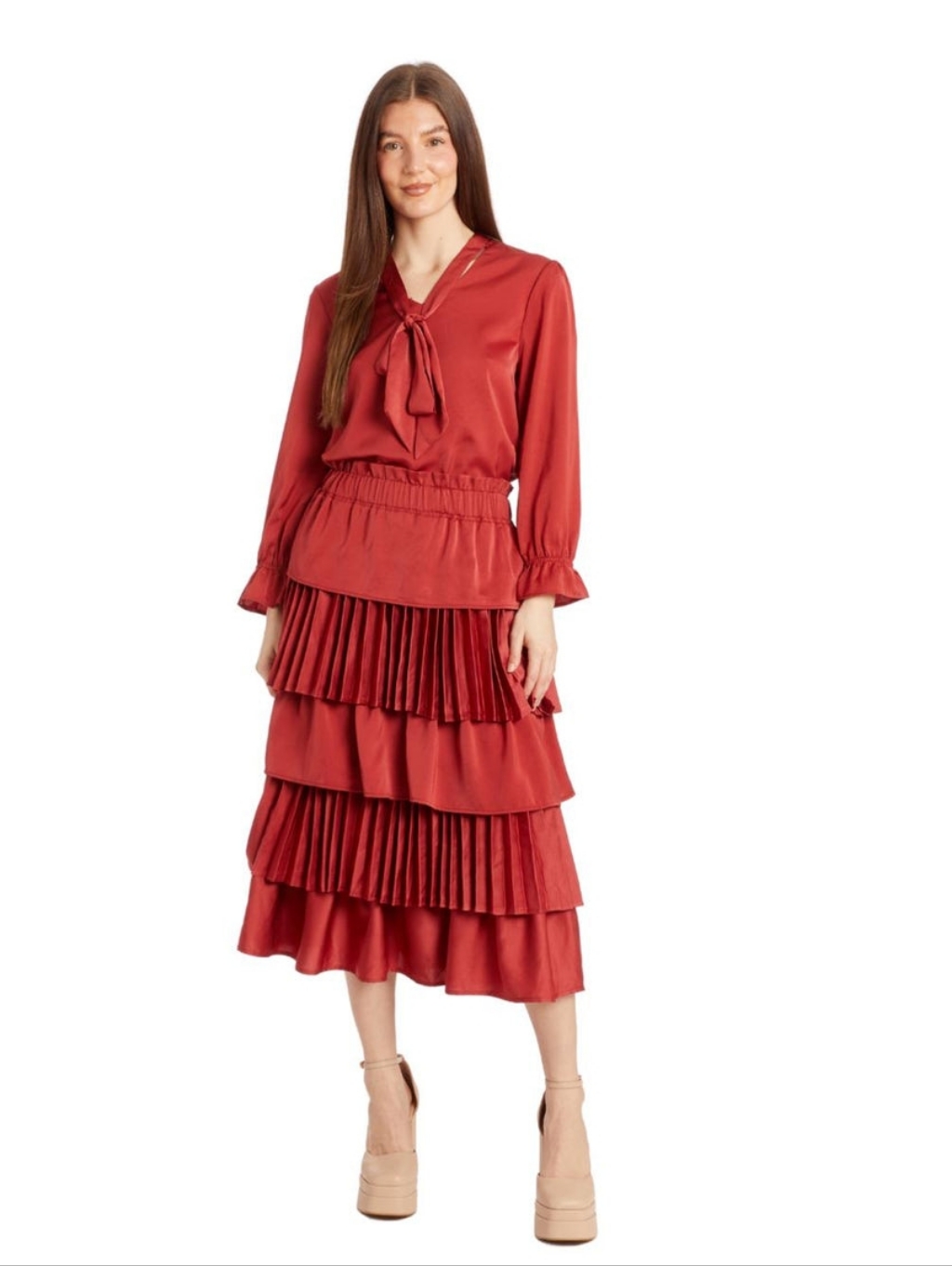 Taylor Tillman Charlotte Tiered Pleated Midi Skirt - Deep Red